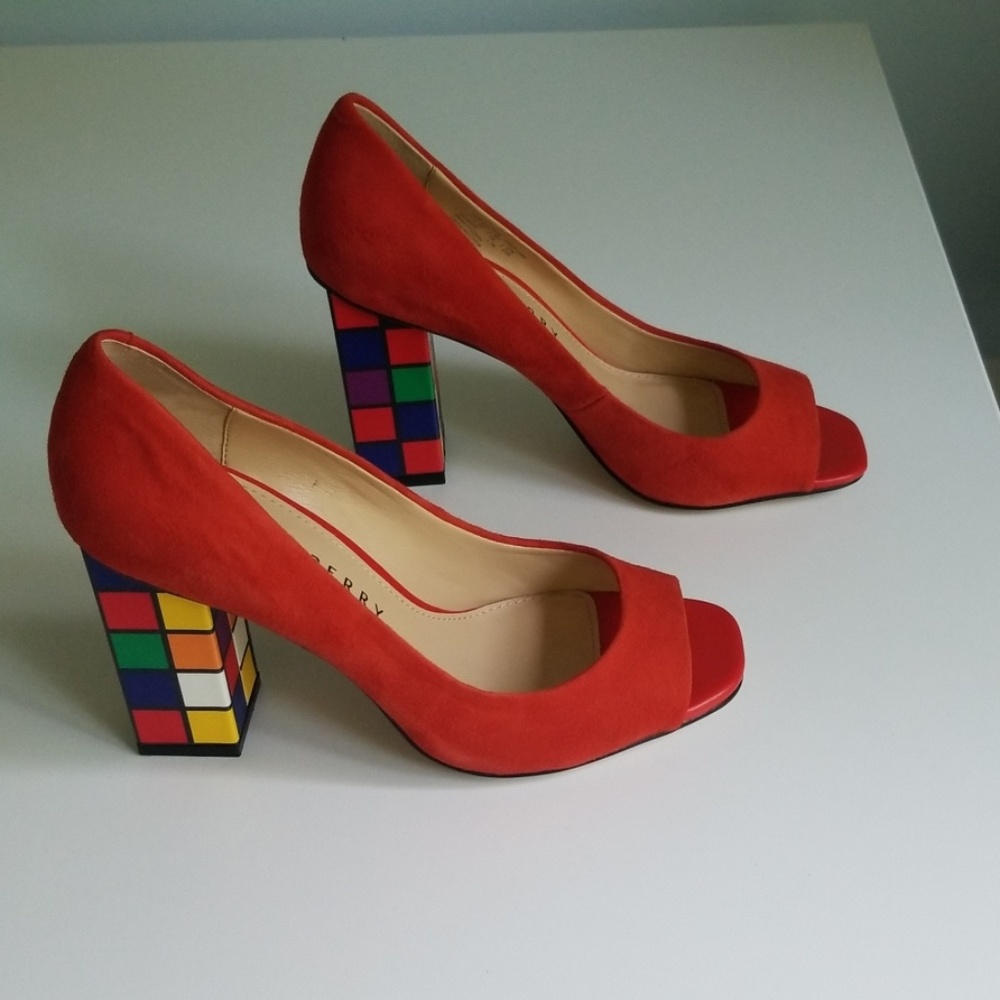 Katy Perry Rubik's Cube red peep toe suede pumps